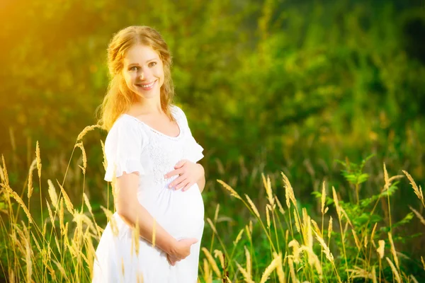 Yaz doğa çayır günbatımı güzel hamile kadın — Stok fotoğraf