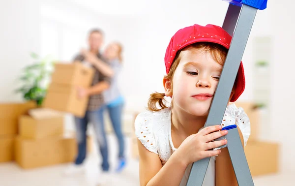 Tired child and moving to new apartment repair — Stock Photo, Image