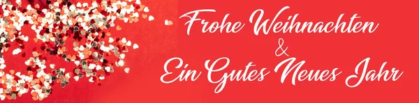 Joyeux Noël Traduit Allemand Confettis Coeur Sur Fond Rouge — Photo