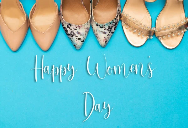 Happy Women Day Concept Different High Heel Shoes Blue Background — Stock Photo, Image