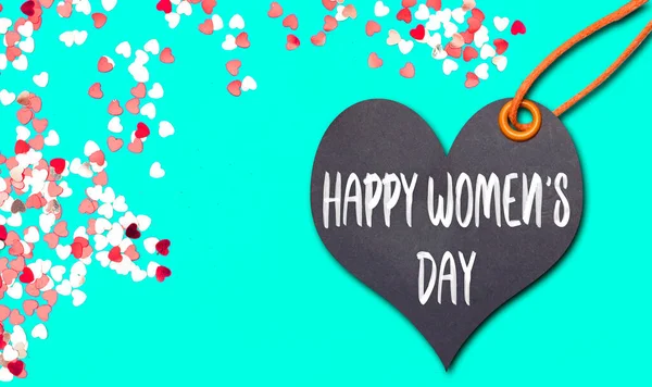 Etiqueta Forma Corazón Del Día Mujer Feliz Con Confeti —  Fotos de Stock