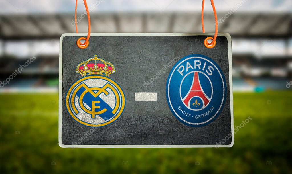 Mascara, Algeria - April 17, 2021: UEFA Champions League concept, Real Madrid VS PSG on chalkboard