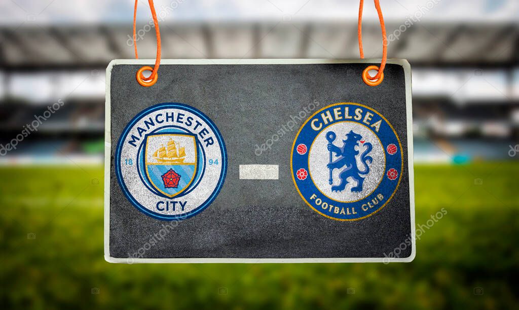 Mascara, Algeria - May 06, 2021: UEFA Champions League concept, Chelsea VS Manchester city on chalkboard