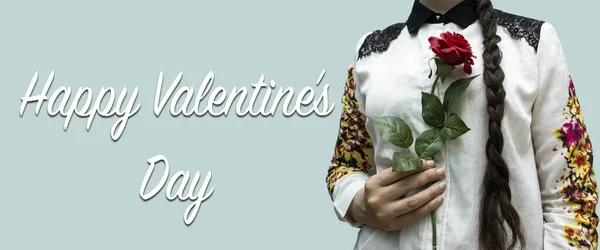 Woman Dressed White Shirt Holding Rose Flower Happy Valentine Day — Stock Photo, Image