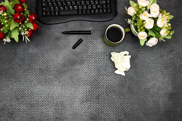 flat lay desktop, Modern computer keyboard, flower's pot and cup coffee crashed paper with copy space for your text or design