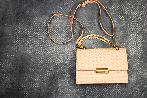 Hafif somon balığı, gri grunge arka planda izole edilmiş deri omuz çantası.