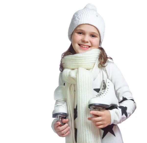 Portrait of a little girl holding ice skates — Stock Photo, Image