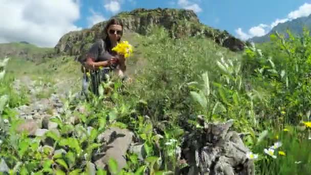 Menina coleta flores selvagens — Vídeo de Stock