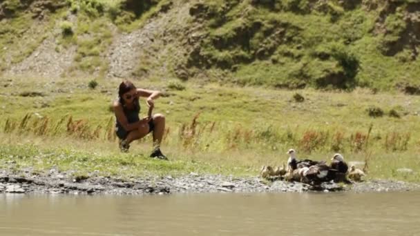 Divoké kachny v rybníku s ženou — Stock video