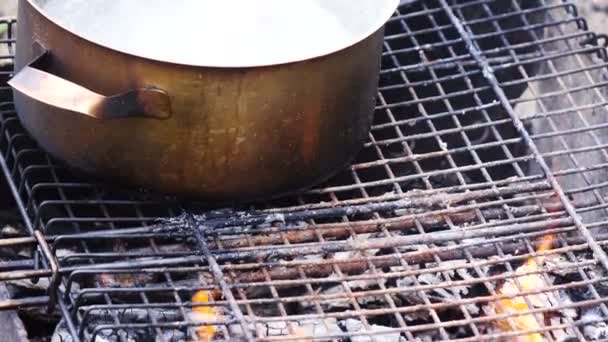 Água de aquecimento de chá na natureza — Vídeo de Stock