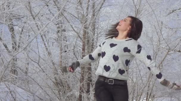 冬季森林里的女孩 — 图库视频影像