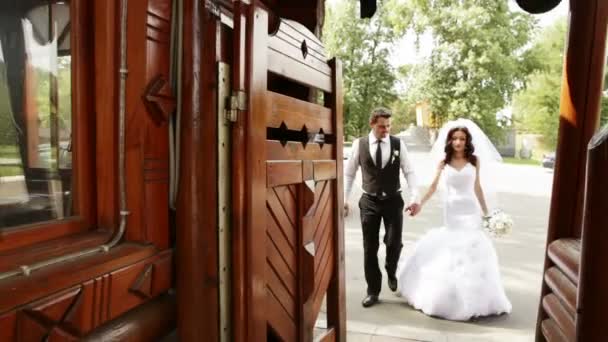 Groom and bride pass in a wooden gate — Stock Video