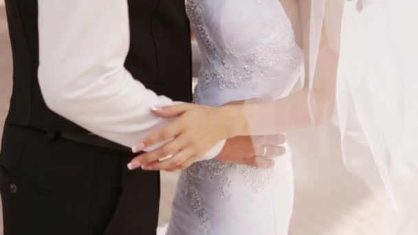 Жених обнимает невесту на природе — стоковое видео