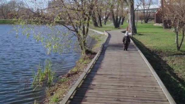 Menino de macacão e um chapéu de inverno corre — Vídeo de Stock