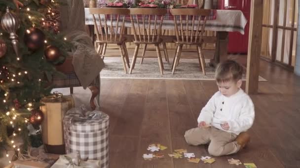Barnpojken samlar på ett pussel — Stockvideo