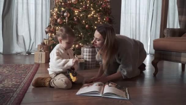 Mama i syn czytają książkę. — Wideo stockowe