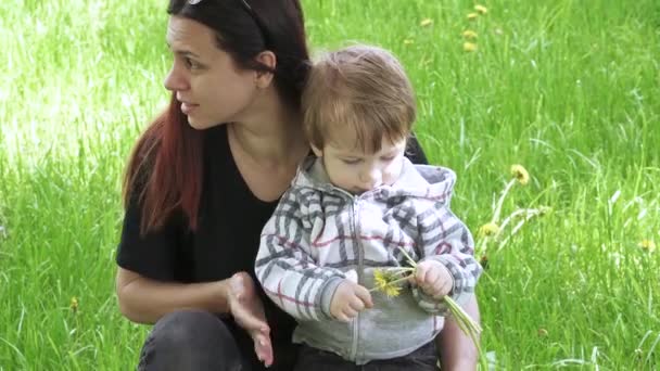Pojke med sin mamma på gräsmattan — Stockvideo