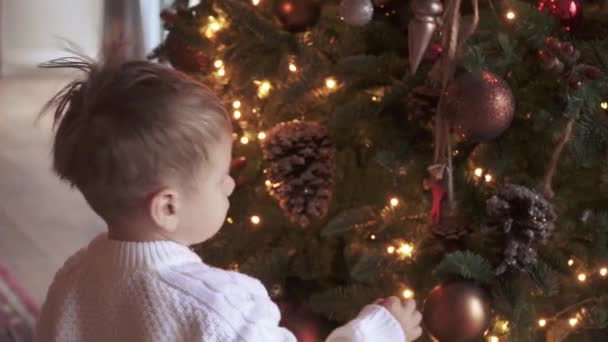 Kind jongen raakt en speelt met kerstboom — Stockvideo