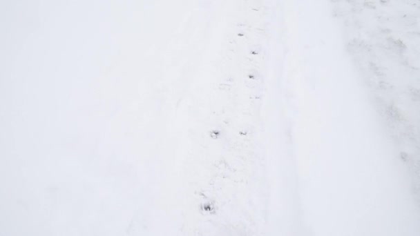 Ślady butów na pokrytej śniegiem drodze dla pieszych — Wideo stockowe