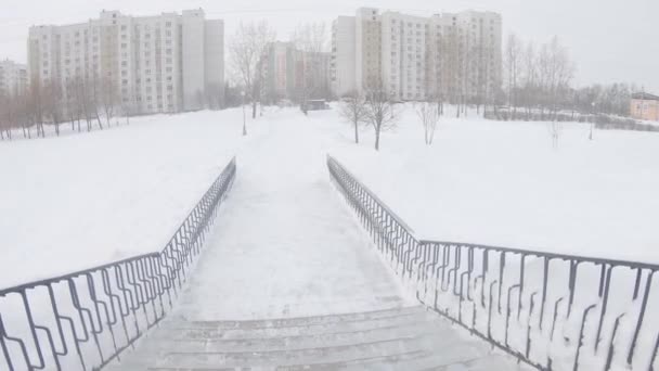 在莫斯科市的一个住宅区，一场大雪过后，清理了公园里的小径 — 图库视频影像