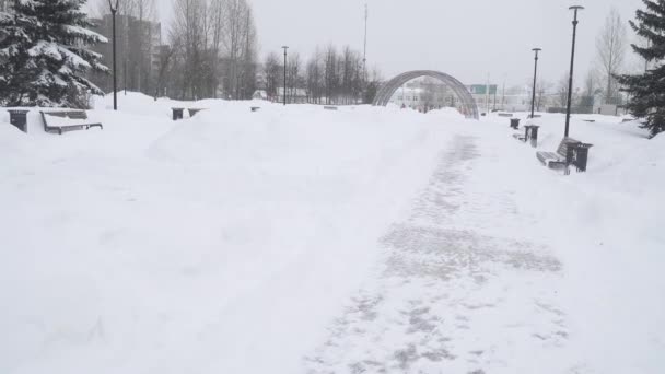 Очищені стежки в парку після сильного снігопаду в житловому районі Москви Южно Бутово. — стокове відео