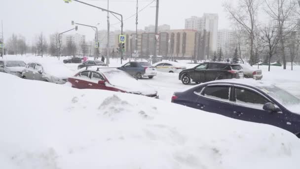 Auto 's bedekt met sneeuw — Stockvideo