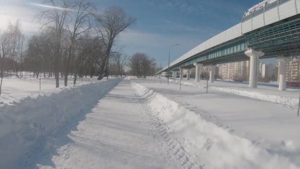 Moskova 'nın Yuzhnoye Butovo bölgesindeki yoğun kar yağışı sonrası parktaki metro hattı. — Stok video