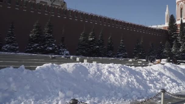 Şiddetli bir kar yağışı sonrasında Kremlin duvarından kar temizleme — Stok video