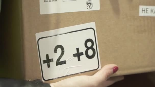 Укладка коробок с Ковиваком сотрудником логистической компании на складе в Ковиваке — стоковое видео