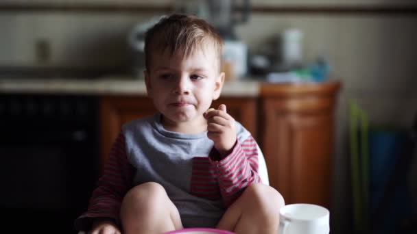 Een 3-jarige jongen hoest en eet koekjes terwijl hij achter een stoel zit. — Stockvideo