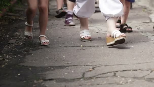 Kindergarten group go on asphalt — Stock Video