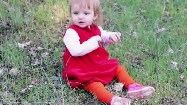 Year-old child sitting on grass — Stock Video