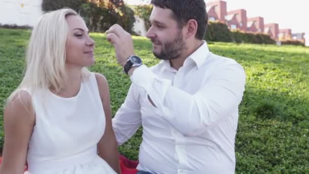 Pareja picnic divertido comer uvas — Vídeo de stock