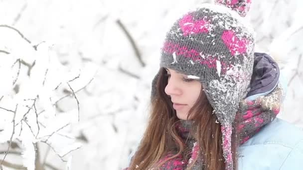 Meisje in besneeuwde bos — Stockvideo