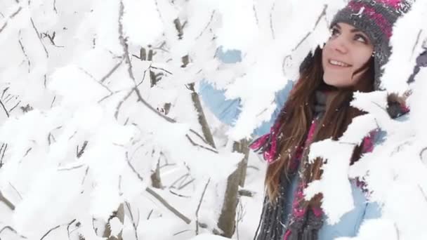 Girl in snowy forest — Stock Video