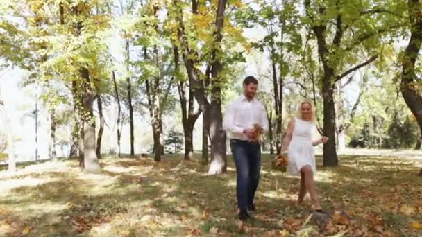 Paar spaziert Herbstpark — Stockvideo