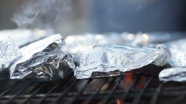 Fekvő halat és húst a barbecue — Stock videók