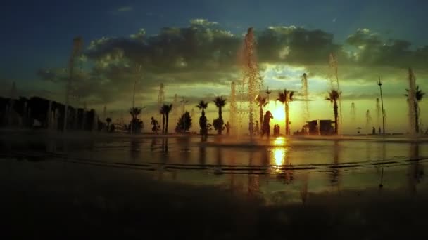 Fontány a sunset Boulevard Batumi nábřeží — Stock video