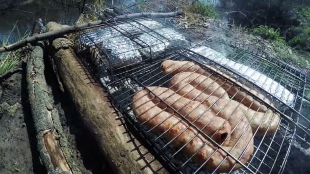 Barbacoa de pescado y carne — Vídeo de stock