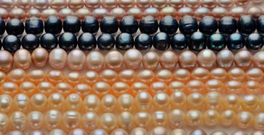 Siyah ve sarı inci kolyeler dizili.