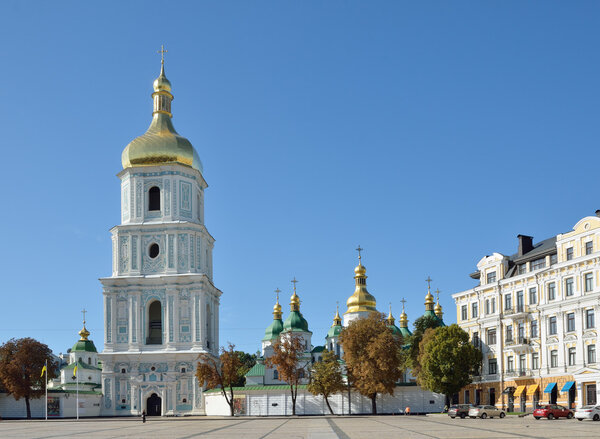 Ancient cathedral against the modern city Kyiv