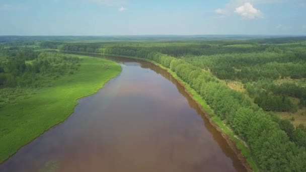Flygfoto över en bred flod bland gröna träd, jämn böj av kanalen. Klipp. Skog på stranden av reservoaren, sommar landskap på blå molnig himmel bakgrund. — Stockvideo