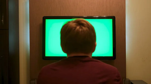 Widok z tyłu młodego człowieka siedzącego na kanapie, oglądającego duży płaski telewizor z zielonym ekranem. Koncepcja. Mężczyzna w domu relaks przed telewizorem z kluczem chroma. — Zdjęcie stockowe