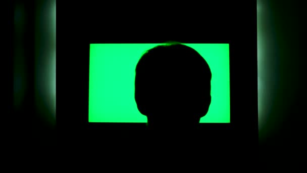 Rear view of a male head silhouette in front of tv with green screen. Concept. Man watching TV with chromakey that hanging on the wll at night at home. — Stock Video