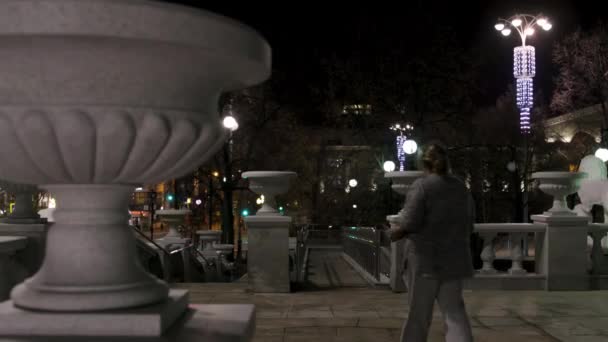城市装饰元素和发光灯笼的夜景.库存录像。市区街道装饰用大理石花瓶附近行走的妇女的后视镜. — 图库视频影像