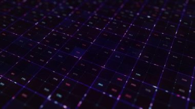 Neon hücreler ve sayılar. Animasyon. Hareketli vuruşlarla neon hücrelerde görünen sayılar. Hücrelerde sayısal verilerle güzel neon animasyonu