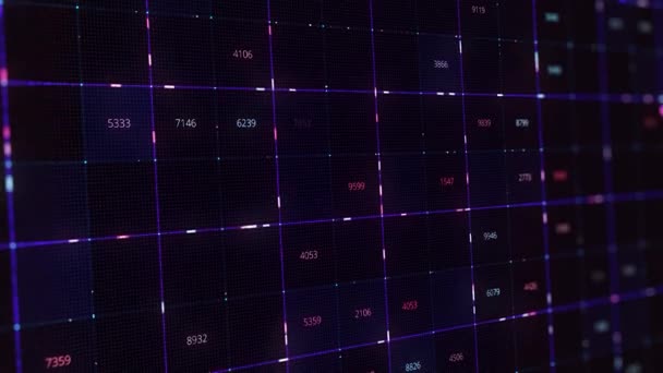 Changing data in numeric table. Animation. Neon digital is table with changing numbers in cells. Digital table with numbers and moving neon strokes — Stock Video