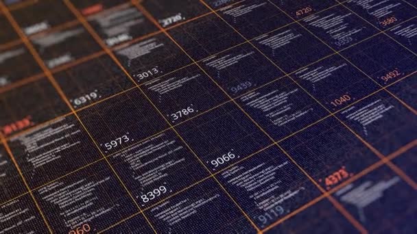 Tabell med datakoddata. Animering. Informationstabell över beräkningskoder och numeriska resultat i celler. Datorkoder i celler för beräkning — Stockvideo