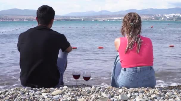 Hátsó kilátás egy pár ül a tengerparton vörös boros poharakkal áll közel egy nyári napsütéses napon. A média. Férfi fekete ing és nő afro fonat élvezi tengeri táj. — Stock videók