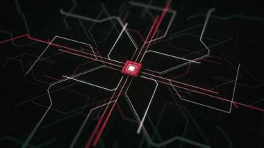 Şehir ortamında elektrik dağıtımı için soyut elektronik devre. Animasyon. Merkezden kenarlara doğru siyah arkaplan üzerinde çalışan sinyaller.